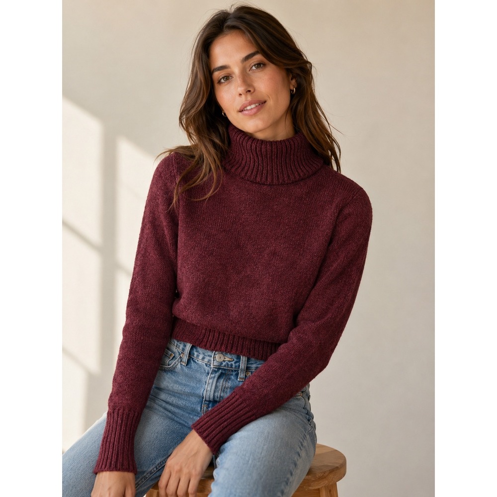 Wilfred Aritzia Burgundy Chenille Cropped Turtleneck Sweater XXS 61388 Dark Red